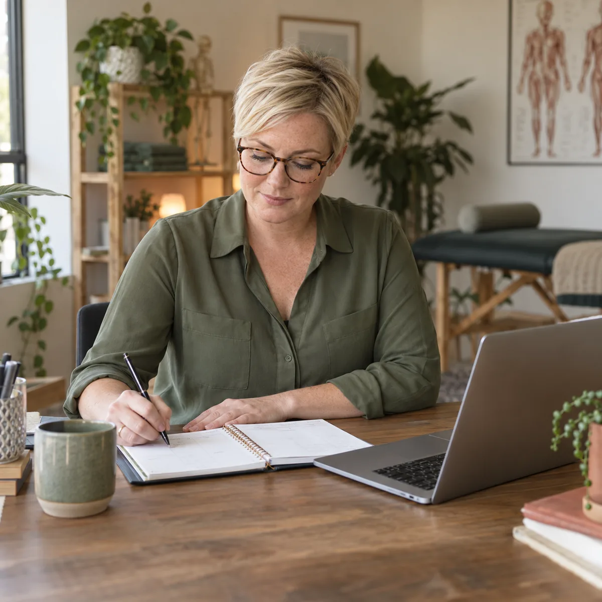 Fisioterapeuta planejando seu negócio com agenda e notebook no consultório